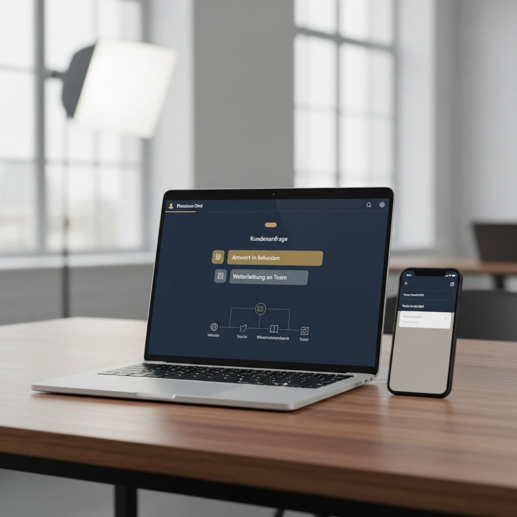 Digitale Kundenassistenz: KI-Chatbot auf Laptop und Smartphone, Kundenanfragen in Sekunden beantworten