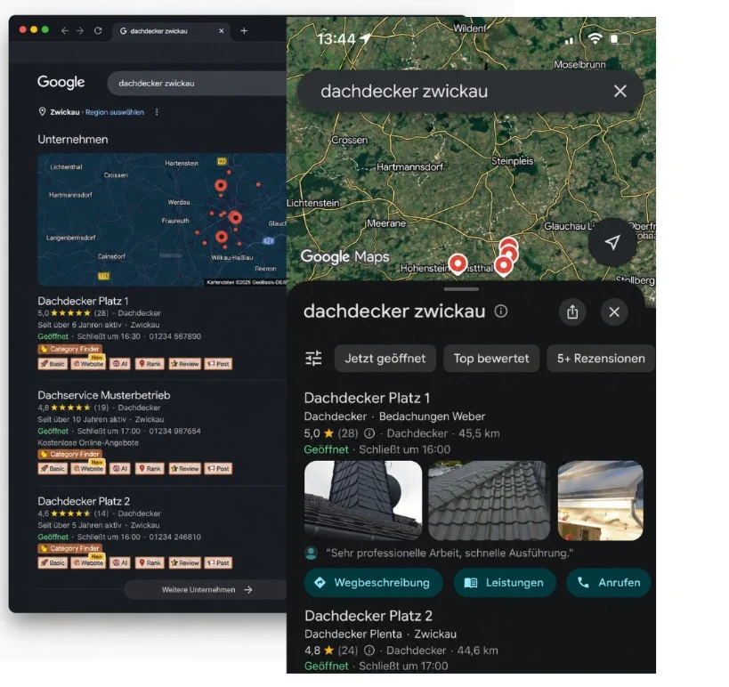 Beispielhafte Google-Suche und Google-Maps-Ergebnis für eine lokale Suchanfrage – Local Pack und Google-Unternehmensprofil